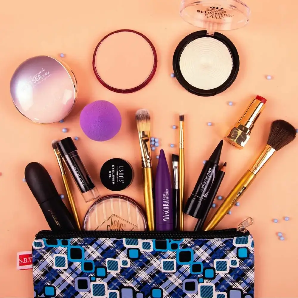 Organized makeup bag with brushes and products