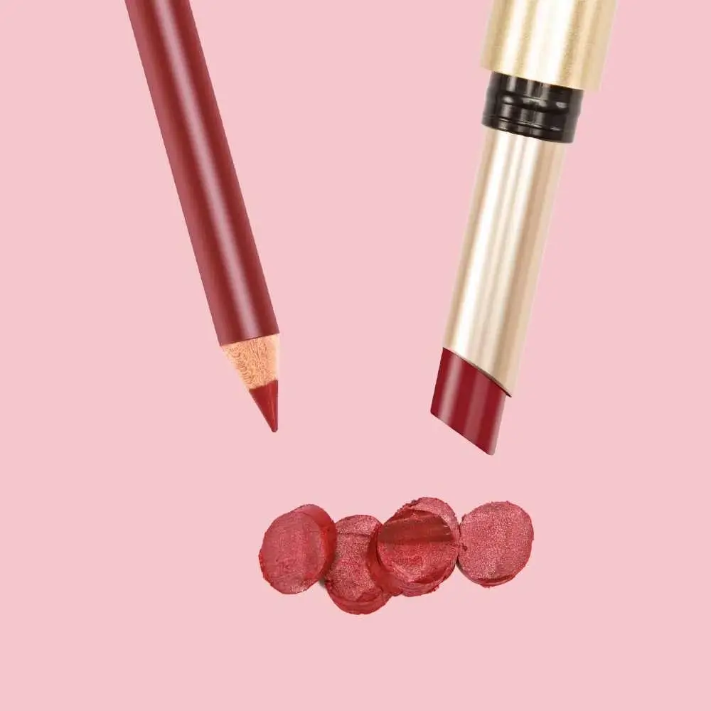dark red lip liner, dark red lipstick and sliced lipstick