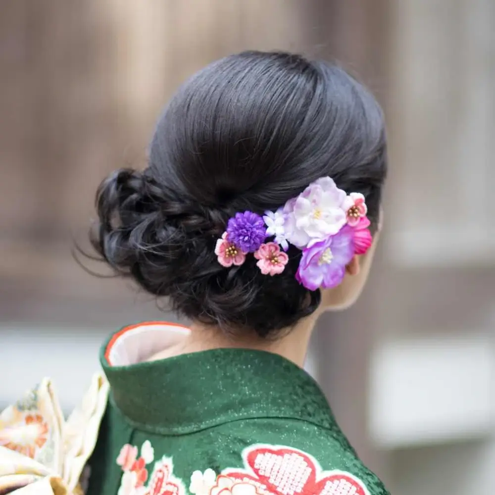 black asian hair styled with flowers