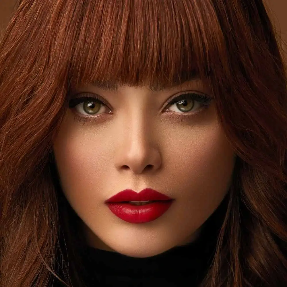 close-up photo of a woman wearing red lipstick