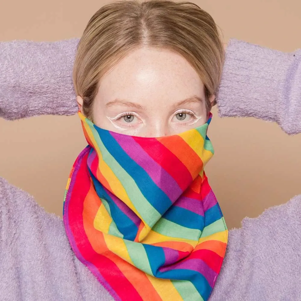 white eyeliner and rainbow scarf