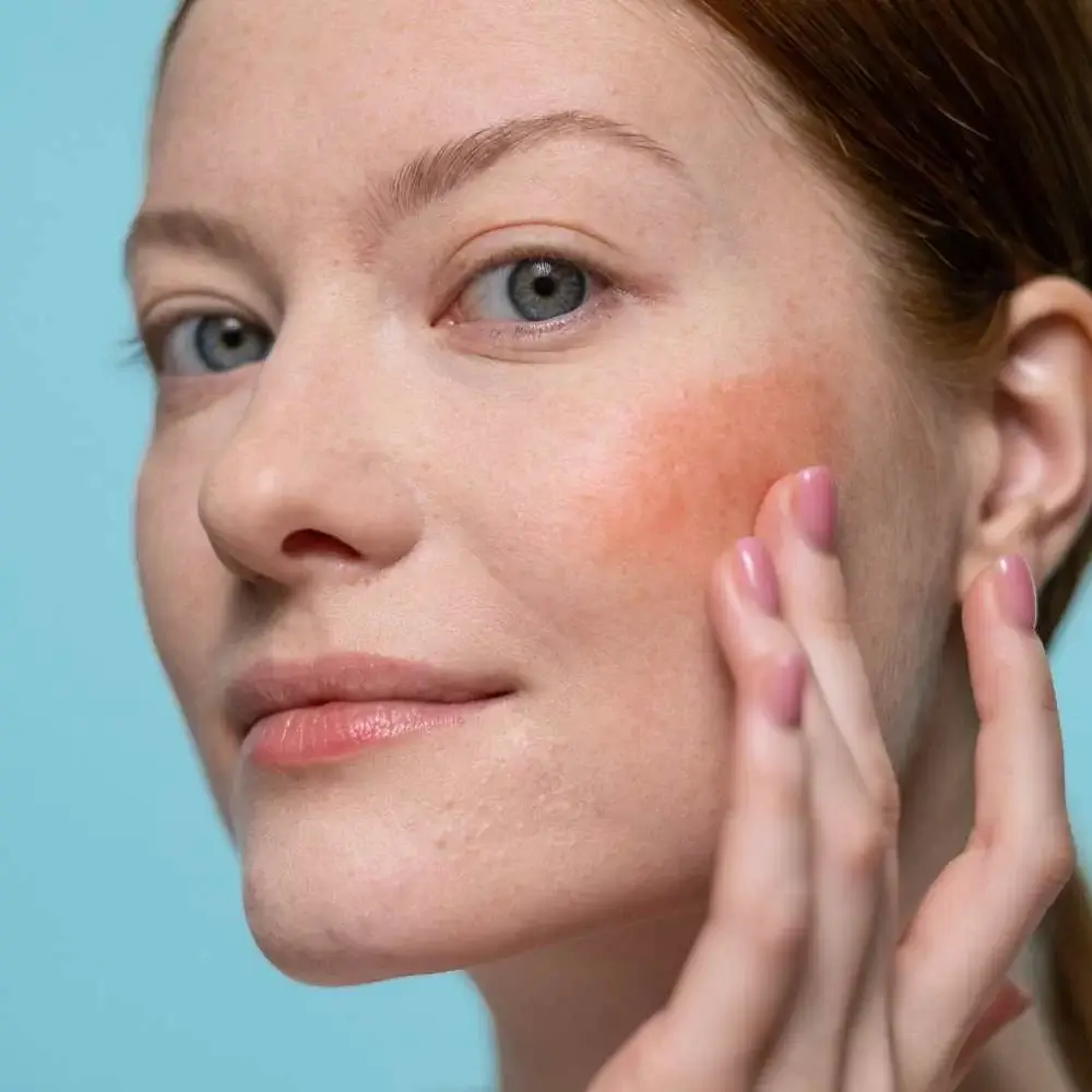 Close-up of coral blush, an ideal choice for fair skin