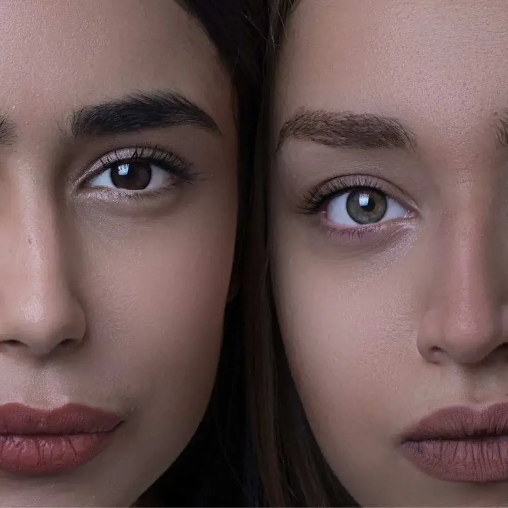 Close-up of a woman's face showing the flawless match of her foundation