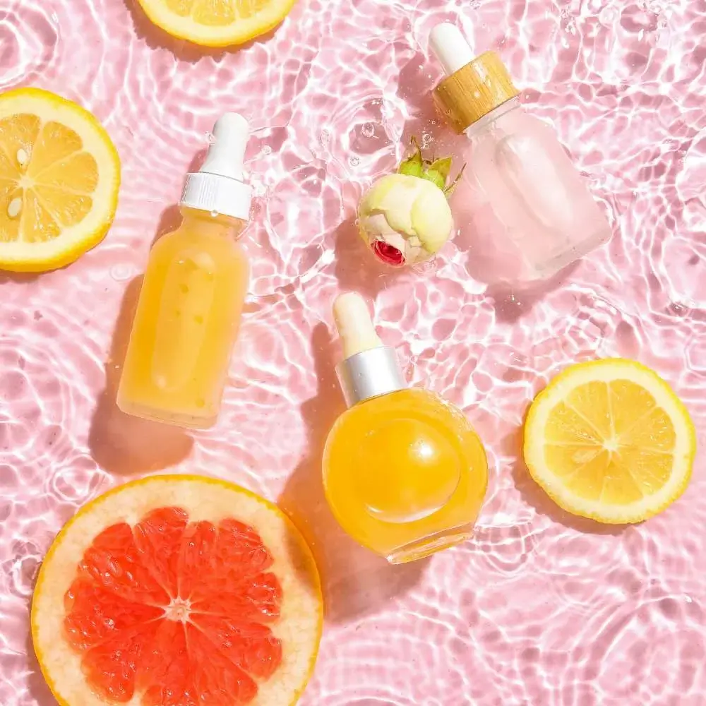 A set of skincare products with Vitamin C serum as the highlight