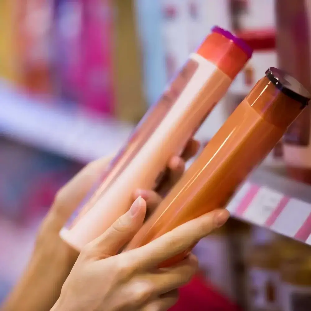 Woman holding a bottle of purple shampoo