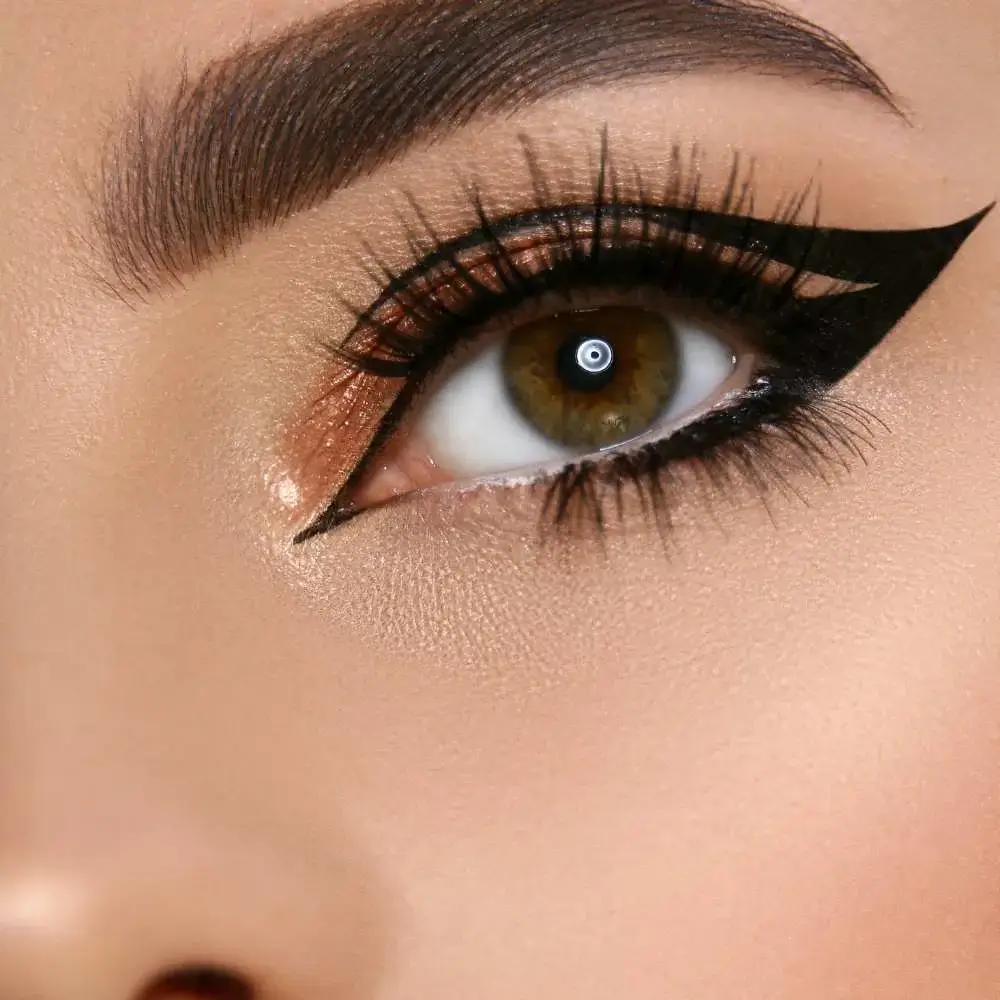 Close-up image of a dramatic wing created with gel eyeliner