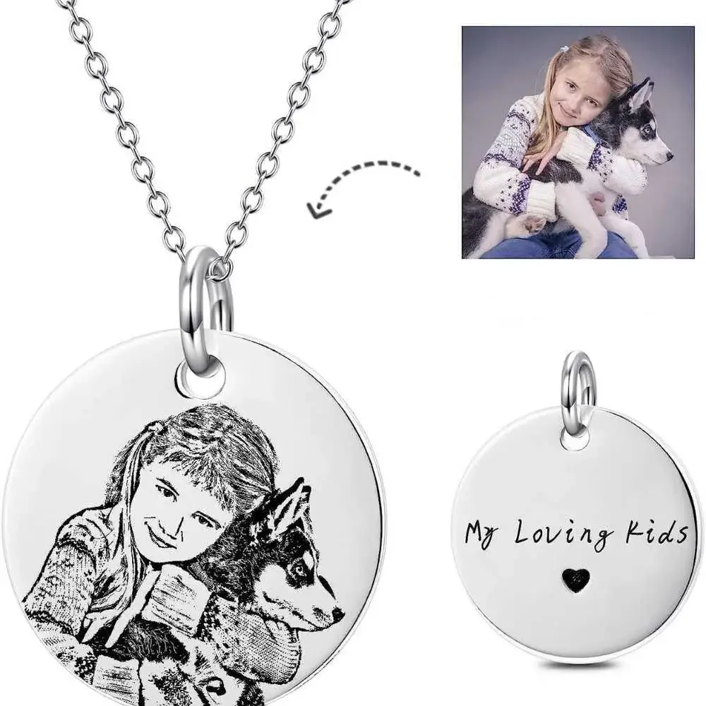 silver portrait necklace of a little girl hugging her dog