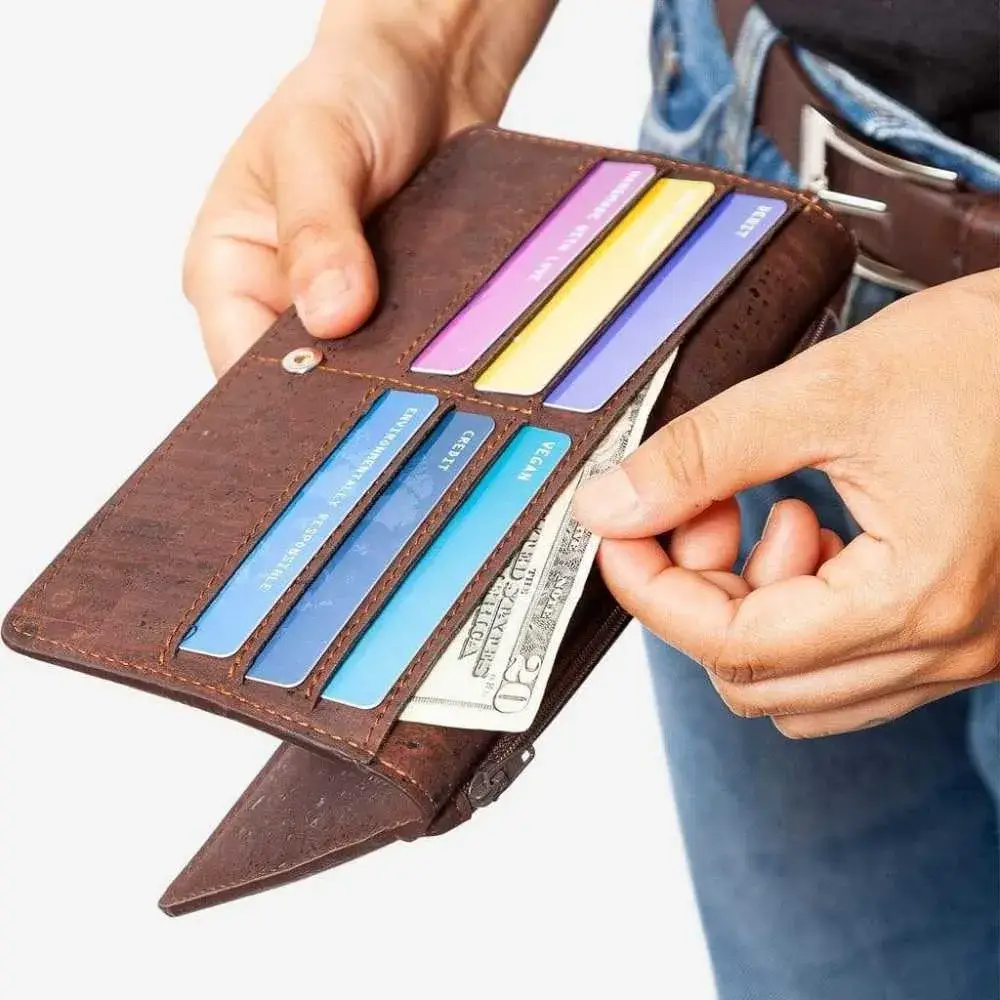 cork wallet with money and cards