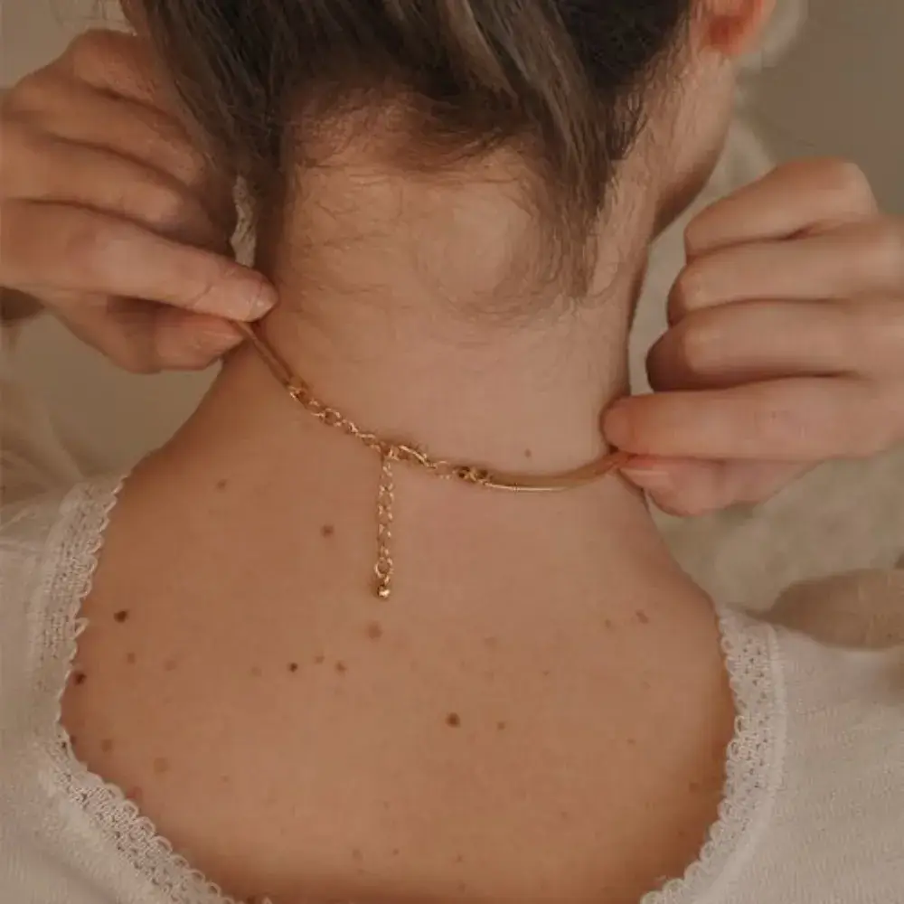 back view of a woman's neck with a gold aphrodite necklace