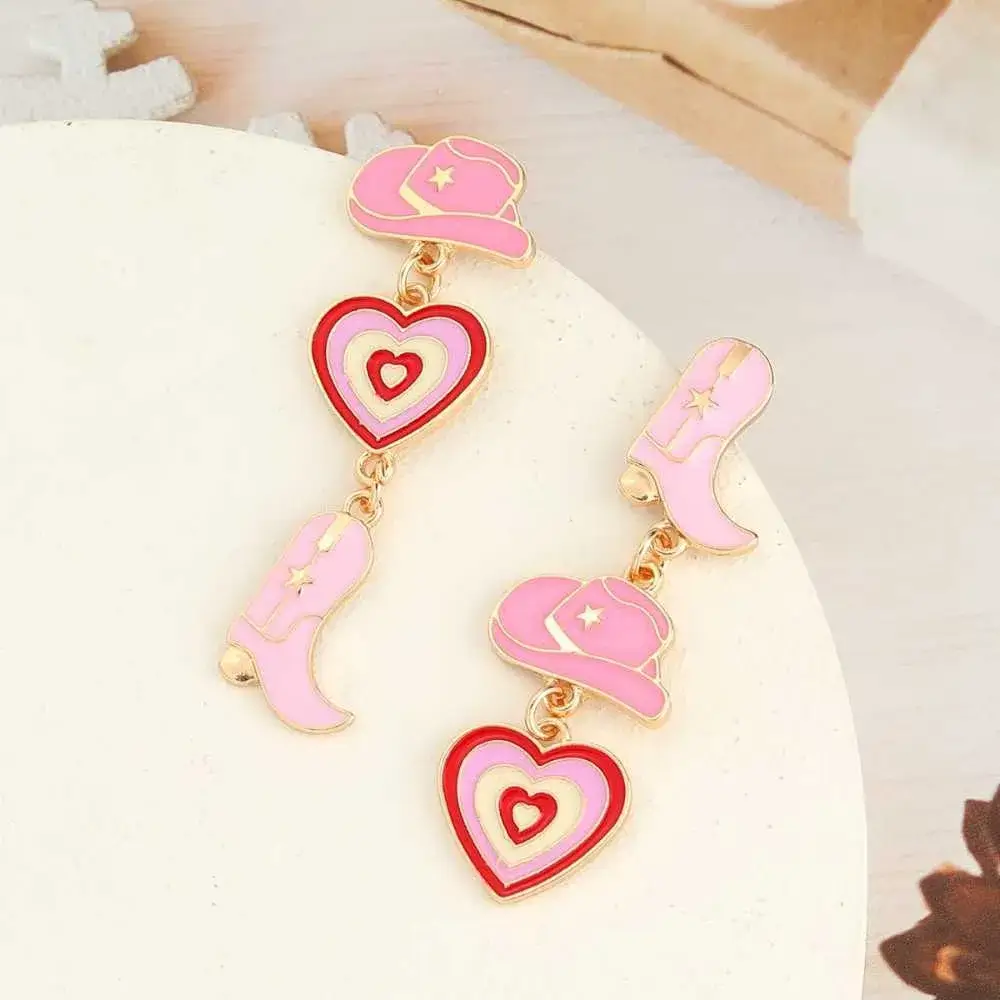 pink enamel cowgirl boots and hat earrings with a heart