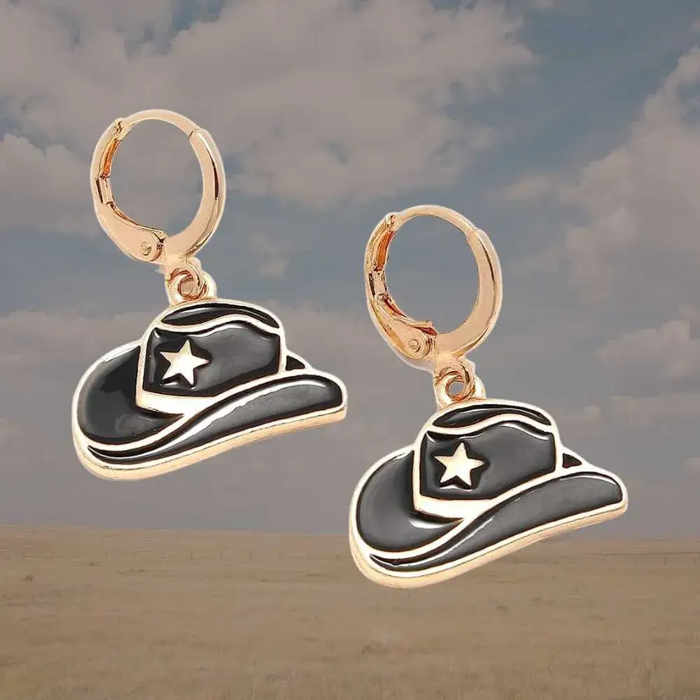 black hoop dangle cowgirl hat earrings
