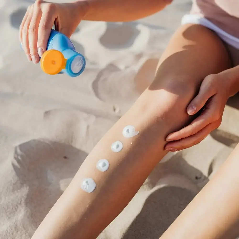 Close-up of a water-resistant sunscreen bottle perfect for outdoor activities