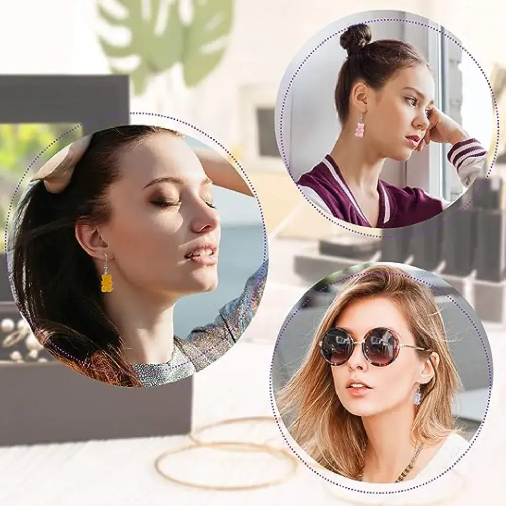 photos of three women wearing different colors of candy earrings
