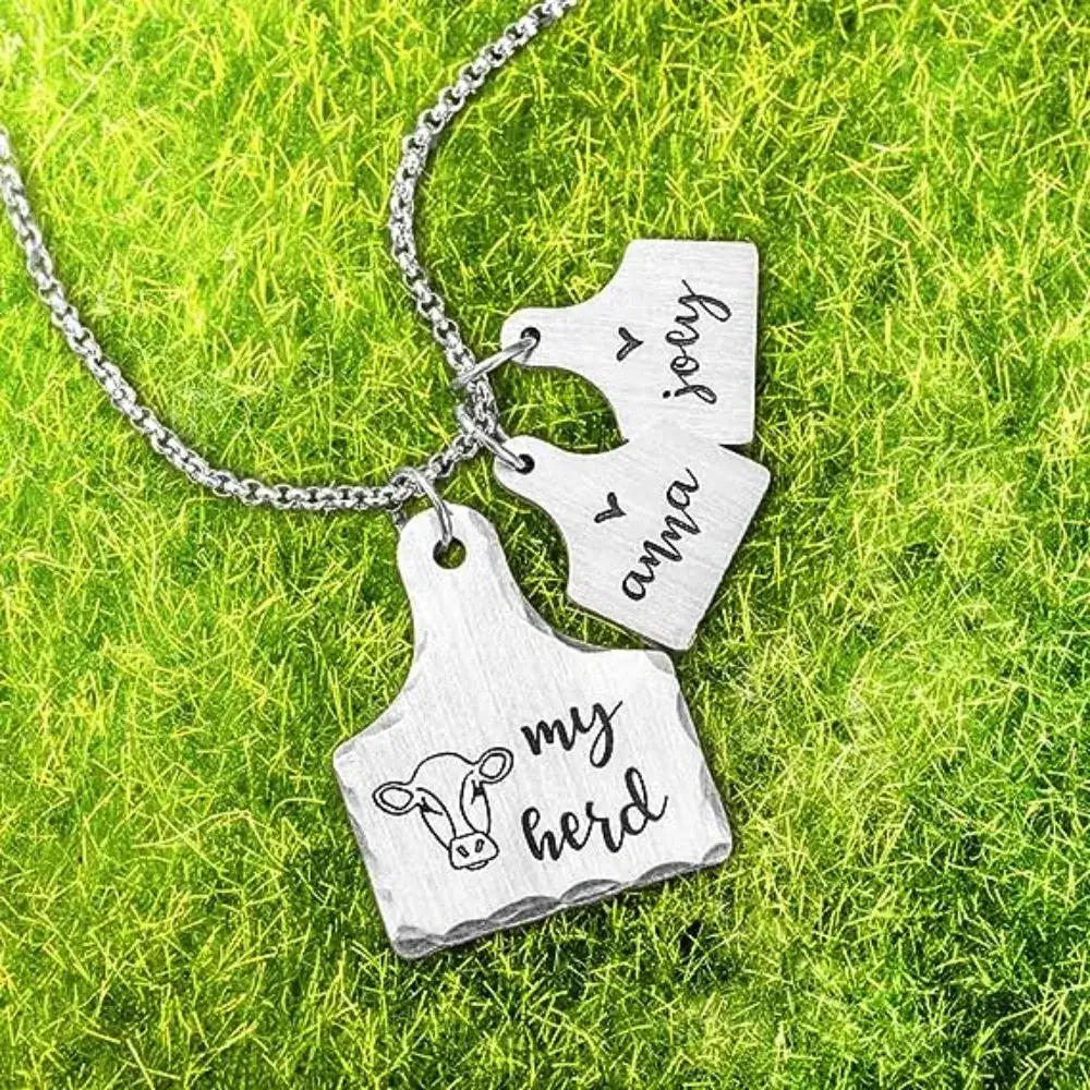 customized silver cow tag necklace with names