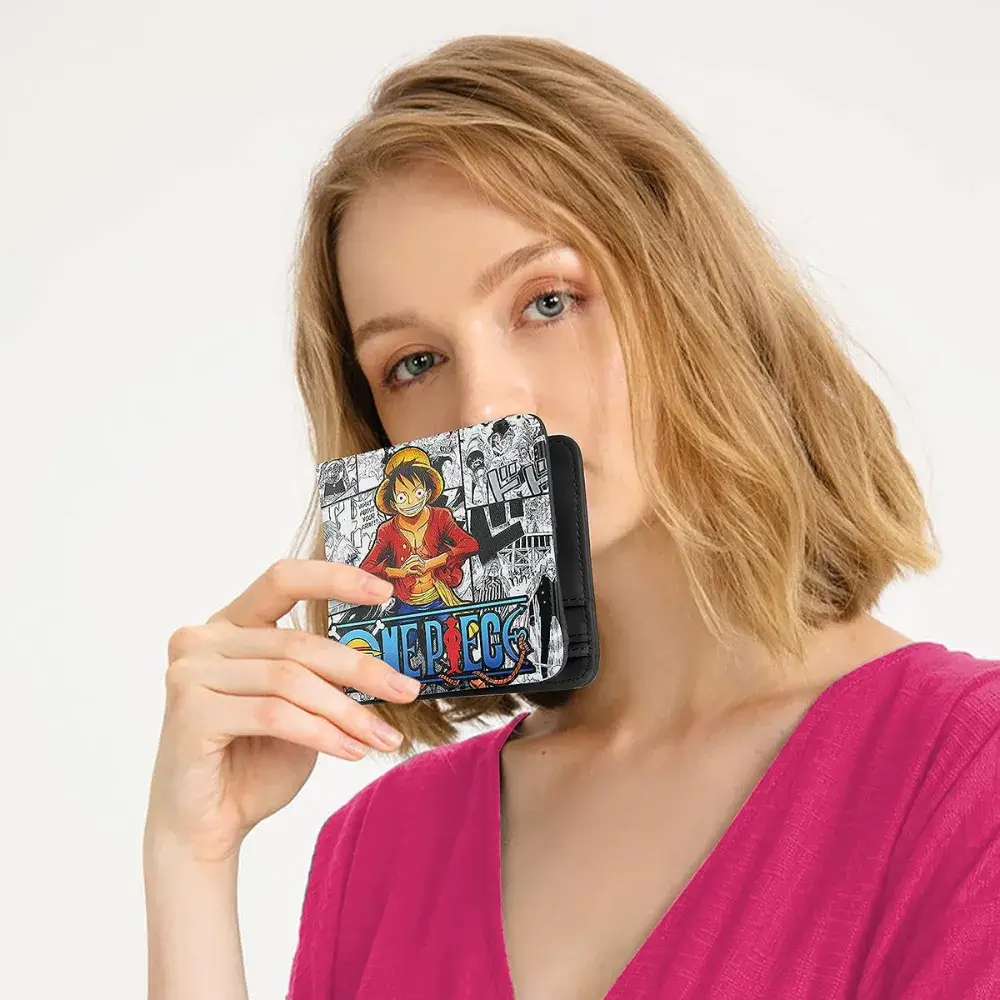 beautiful young woman holding a one piece wallet