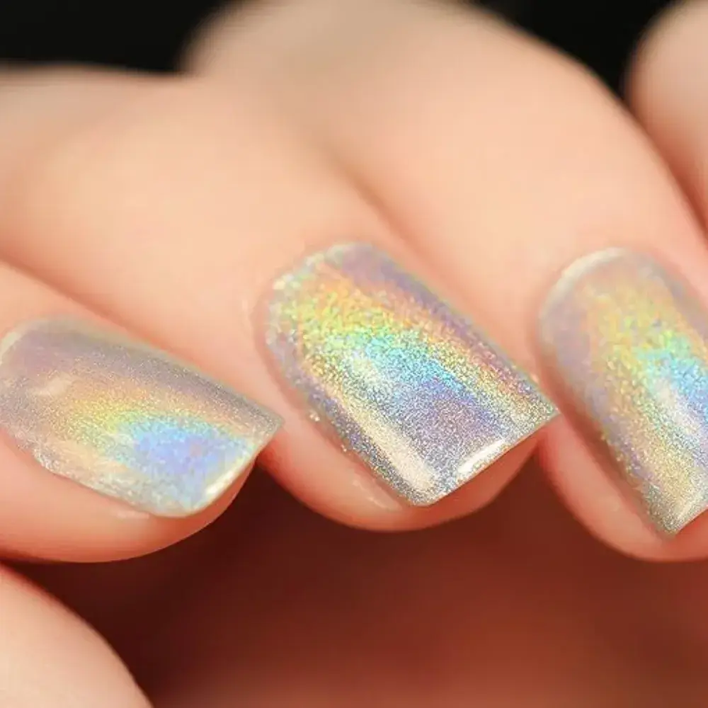 close up of nails with holographic nail polish