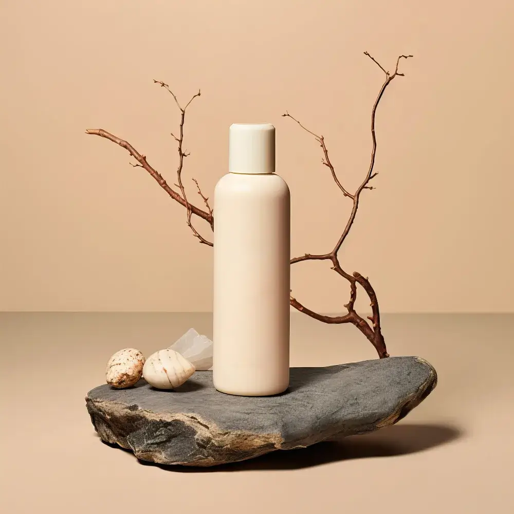 hair straightening shampoo styled with wood and stones in a studio