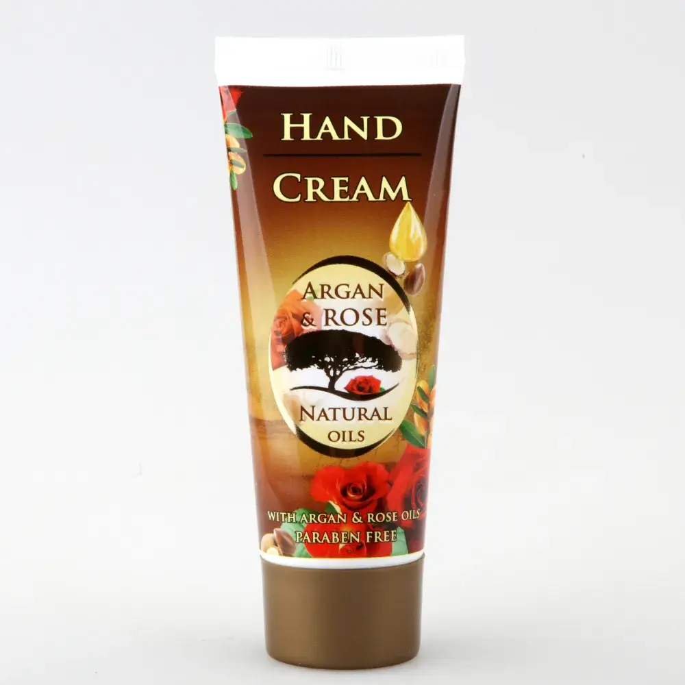 hand cream in a brown tube with argan and rose oils