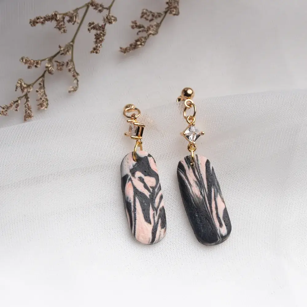 pink and black polymer clay earrings with gold