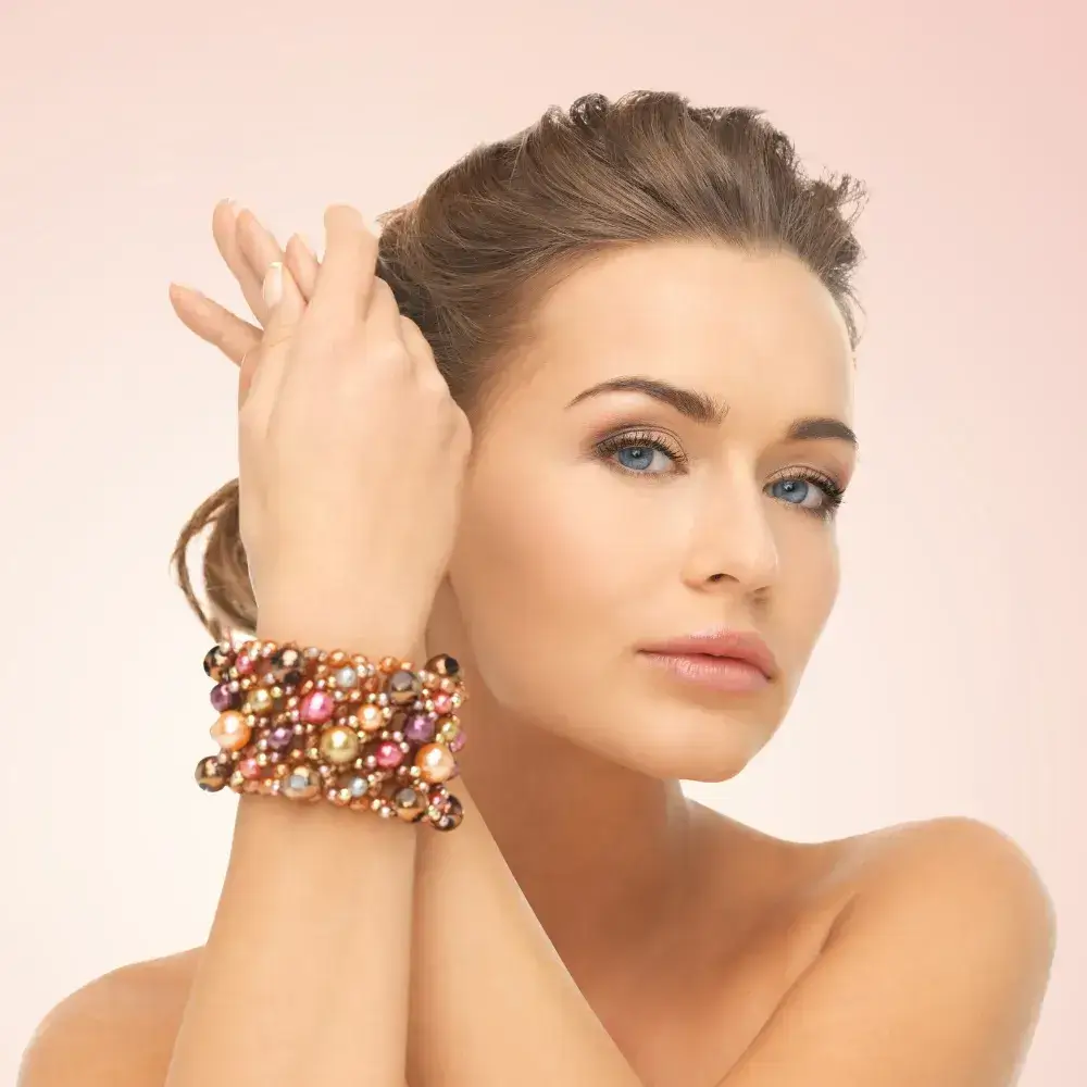 portrait of a woman wearing a colorful bracelet