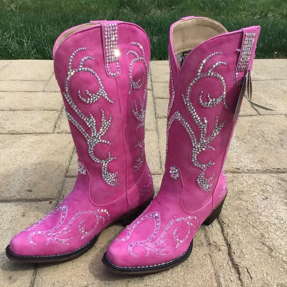 2023 best Leather pink cowboy boots